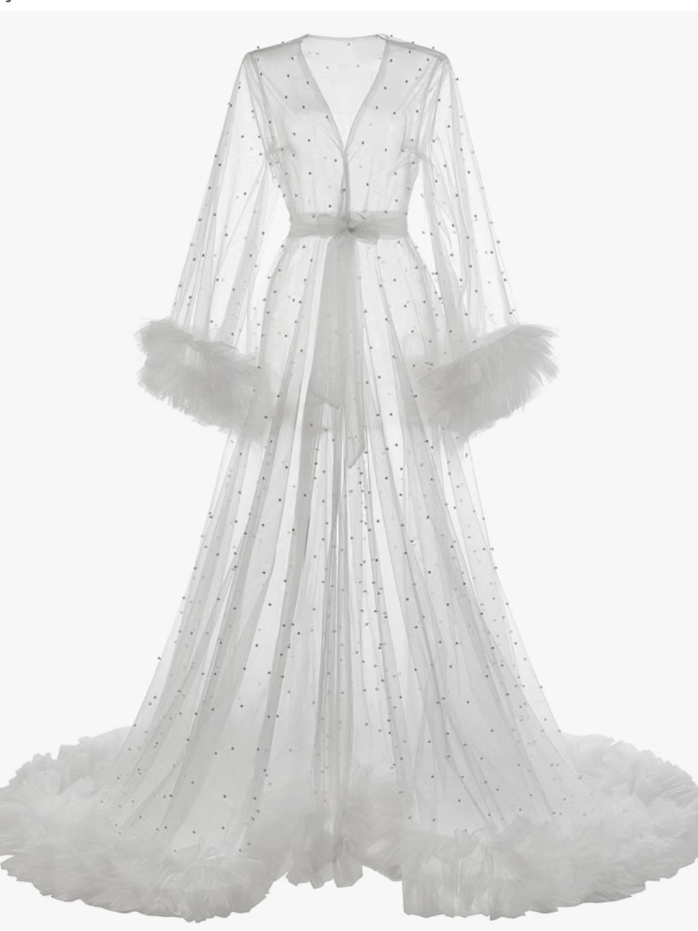 Wedding Sheer Robe with Ruffle Trim & Pearl Details